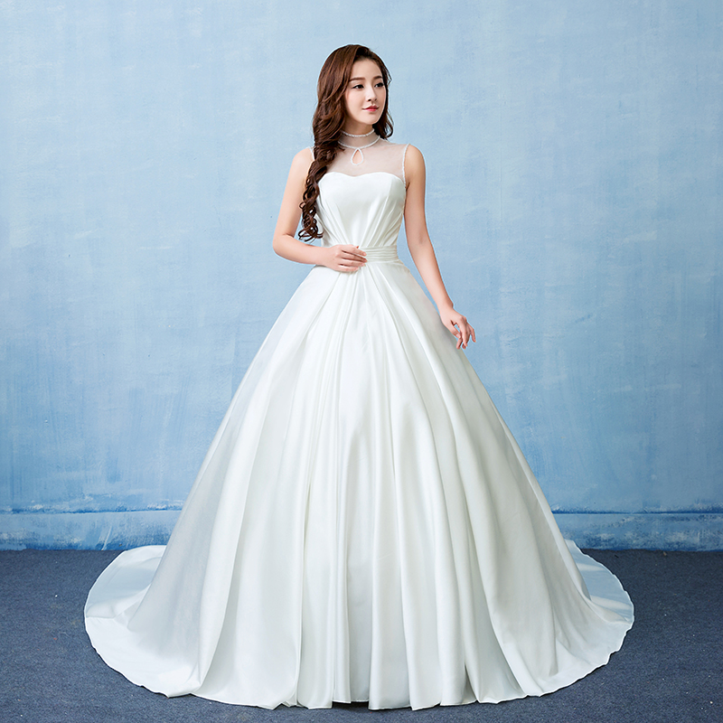 韩版婚纱新款拖尾后背绑带大拖尾白色婚纱批发HB0003