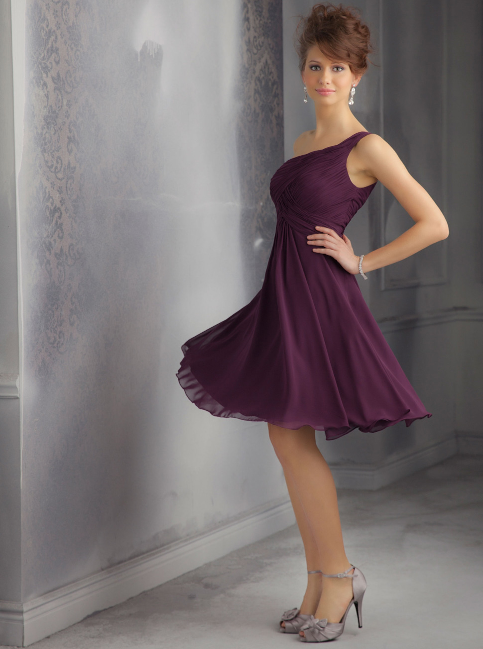 新款斜肩小礼服批发定制欧式紫色雪纺纱高腰礼服裙LIFU2048