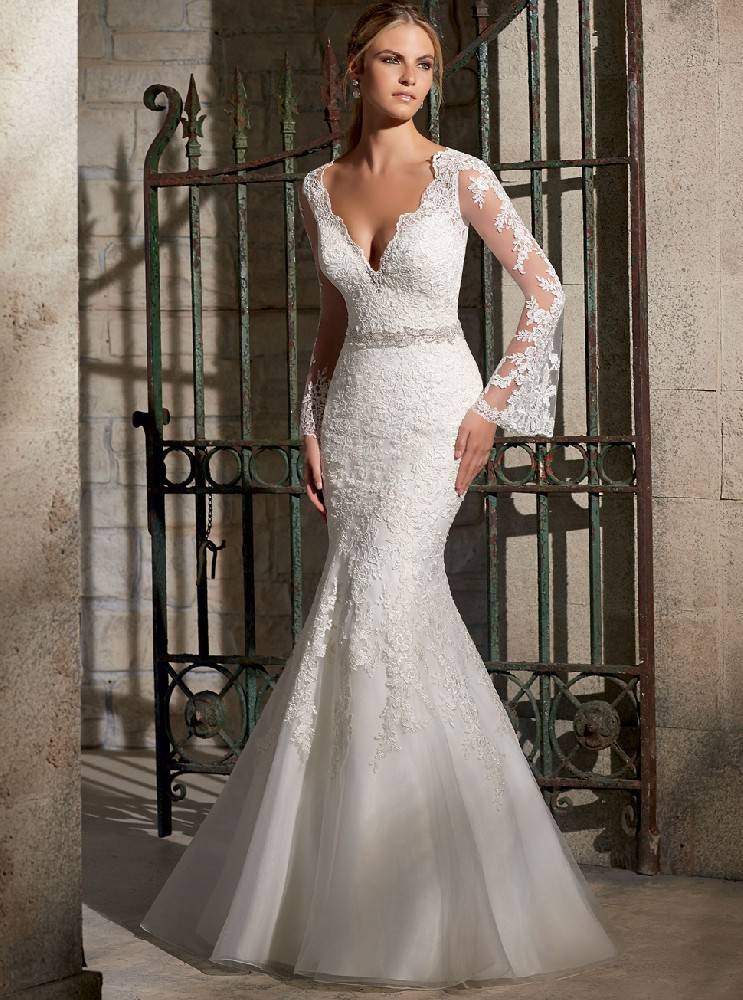 鱼尾婚纱定制欧式包臀V领长袖婚纱礼服批发HS9475